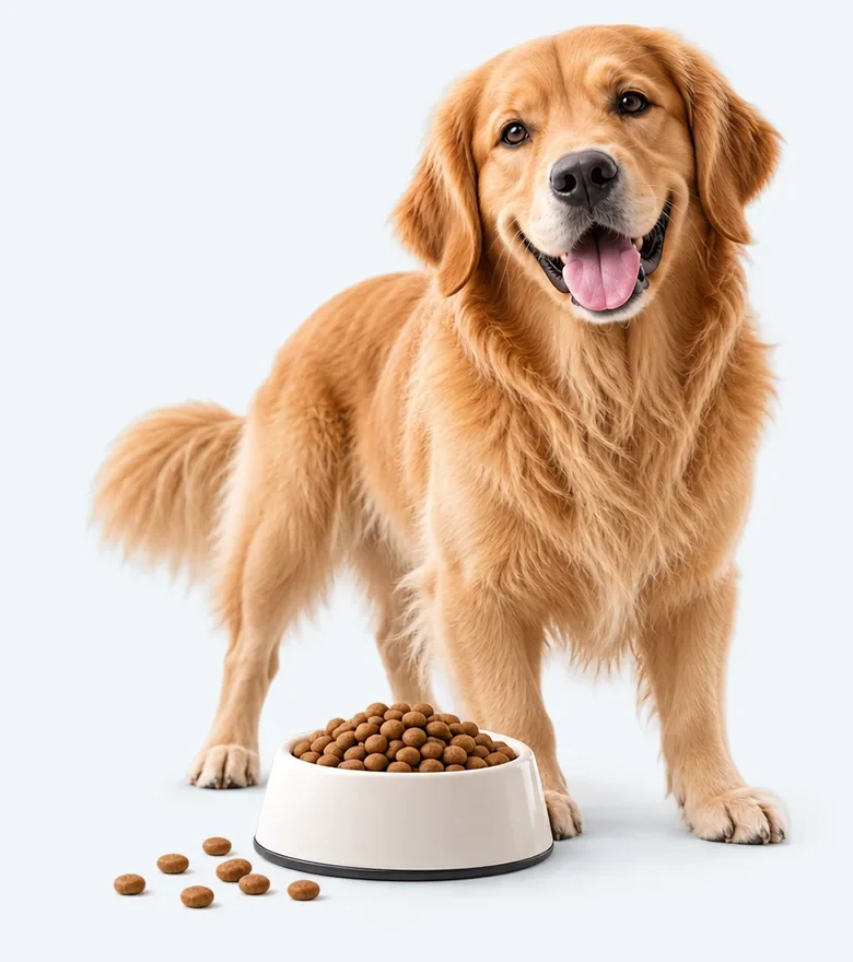 Chien adulte près d’un bol de croquettes